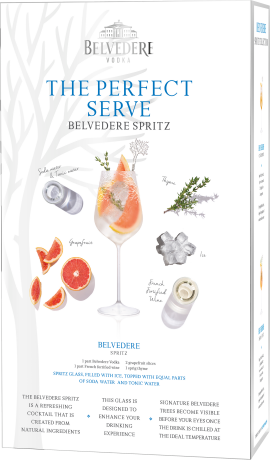 Verpackungsdesign mit Cocktailglas, Grapefruit, Thymian und Belvedere-Wodka-Elementen.