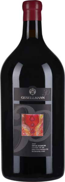 Große Weinflasche mit rotem Wachssiegel und kunstvollem Etikett in Schwarz-Rot.