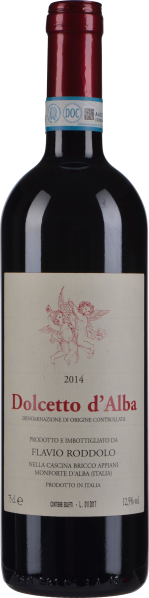 Dunkle Weinflasche mit rotem und weißem Etikett, Jahrgang 2014.