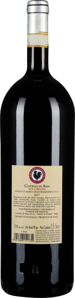 Große, dunkle Weinflasche mit silbernem Hals und cremefarbenem Etikett.