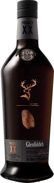 Dunkle Flasche mit Silberkappe und stilisiertem Geweih-Logo.