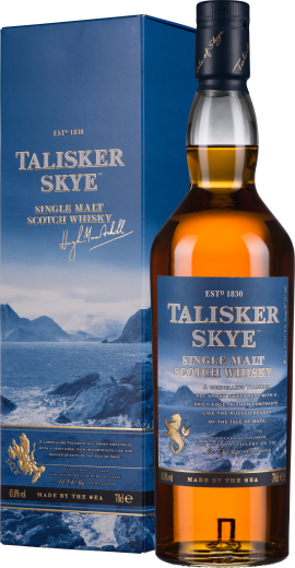 Blauer Karton und bernsteinfarbene Flasche mit Meer- und Bergmotiv.