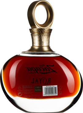 Luxuriöse Flasche mit rundem goldenen Verschluss und tiefrotem Flüssigkeitsinhalt.