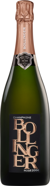 Grüne Weinflasche mit roségoldenem Etikett und roségoldener Kapsel.