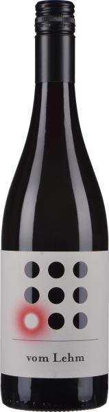 Dunkle Weinflasche mit geometrischem Etikett und schwarzem Schraubverschluss.