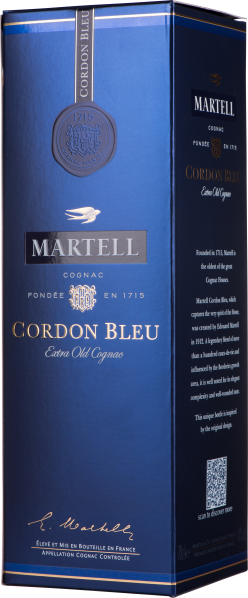 Blaue Verpackung mit goldener Schrift und elegantem Design für Cognac.