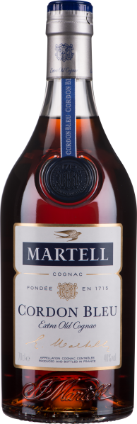 Flasche mit brauner Flüssigkeit und elegantem silber-blauen Etikettendesign.