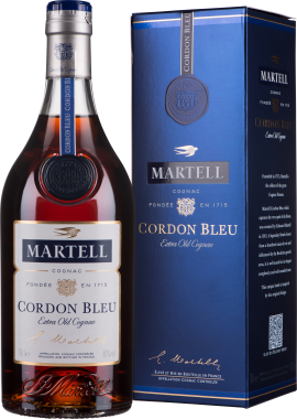 Braune Flasche und blaue Box, elegantes Design mit goldenen Akzenten.