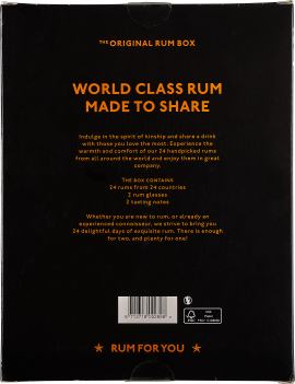 Schwarze Box mit orangefarbenem Text über erstklassigen Rum zum Teilen.