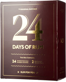 Dunkelrote Rum-Box mit goldener Schrift und elegantem Design.