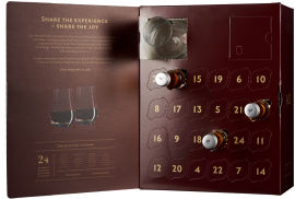 Adventskalender mit nummerierten Türchen, Rumfläschchen und Gläsern in edlem, dunkelrotem Design.