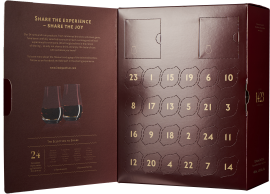 Eleganter, dunkelroter Adventskalender mit goldenen Zahlen und Gläserabbildung innen.