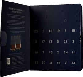 Dunkelblauer Adventskalender mit nummerierten Türen und elegantem Flaschendesign.