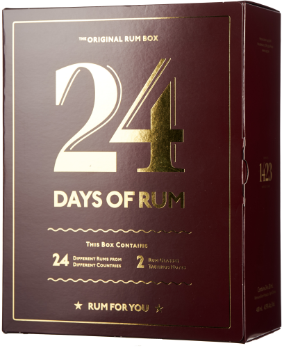 Dunkelrote Rum-Box mit goldener Schrift und elegantem Design.