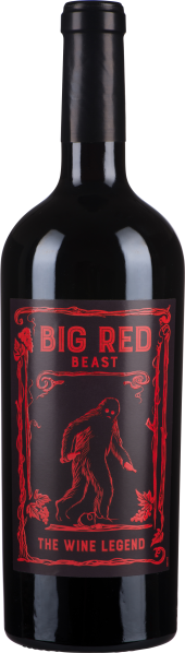 Dunkle Weinflasche mit rotem Etikett und Bigfoot-Illustration.