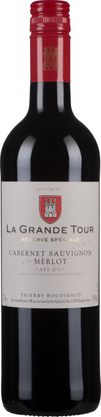 Dunkle Weinflasche mit rotem Verschluss und elegantem Etikett.