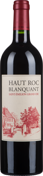 Dunkle Weinflasche mit rotem Etikett und Korkverschluss, elegante Bordeaux-Optik.