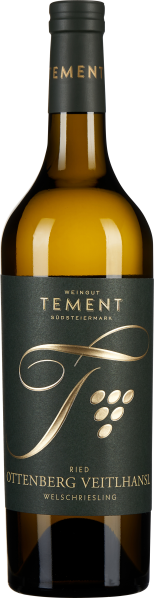 Braune Weinflasche mit dunkelgrünen Etikett und goldener Schrift.