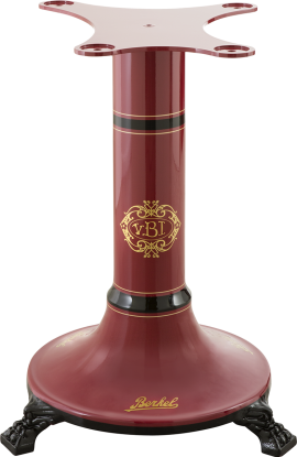 Roter, dekorativer Maschinenständer mit goldenen Akzenten und schwarzen, verzierten Füßen.