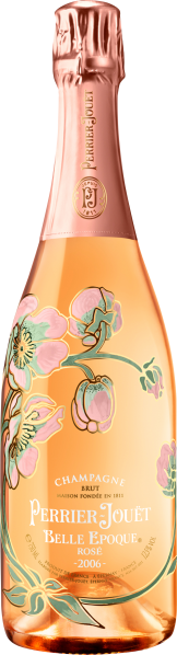 Roségoldene Champagnerflasche mit floralen Verzierungen und eleganter Verpackung.