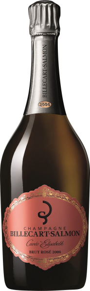 Elegante Flasche mit rosa Etikett und silbernem, gewelltem Verschluss.