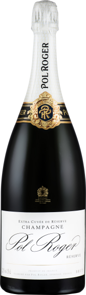Elegante Champagnerflasche mit weißem Hals und goldenen Akzenten auf schwarzem Etikett.