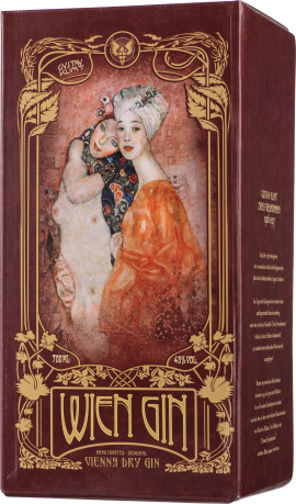 Verzierte Gin-Verpackung mit Kunst von Gustav Klimt und goldenen Ornamenten.