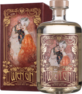 Kunstvoll gestaltete Gin-Flasche und Schachtel mit Jugendstil-Motiv, elegantes Gold- und Rotdesign.
