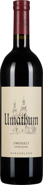 Dunkle Weinflasche mit rotem Hals und eleganter, cremefarbener Etikette.