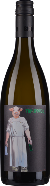 Weinflasche mit schwarzem Etikett, illustriert mit einer Schweinefigur in Metzgerschürze.