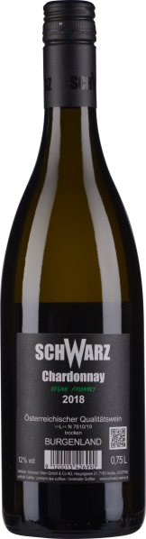 Halbtransparente Flasche mit schwarzem Etikett und Verschluss, klarer Wein sichtbar.