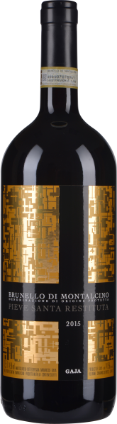 Schwarze Weinflasche mit goldenen geometrischen Mustern und schwarzem Verschluss.