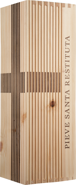 Holzkiste mit vertikalen Rillen und dunklen Akzentlinien.