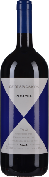 Dunkle Weinflasche mit blau-weißem Etikett vor weißem Hintergrund.