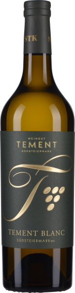 Grüne Weinflasche mit elegantem, goldfarbenem Schriftzug und Traubensymbol auf dem Etikett.