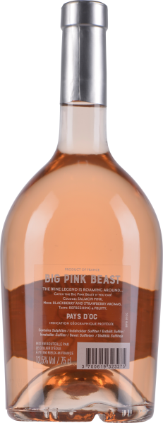 Roséwein in runder Glasflasche mit silbernem Verschluss, lachsfarbene Flüssigkeit.