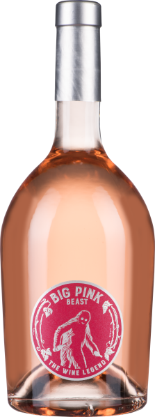 Roséwein in runder Flasche, silberner Verschluss, auffälliges rotes Etikett.