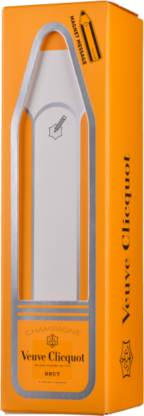 Orange-gelbe Verpackung mit champagnerflaschenförmigem Sichtfenster und silbernen Details.