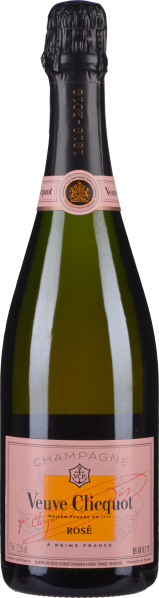 Rosé-Champagnerflasche mit schwarzem Hals und rosafarbenem Etikett.