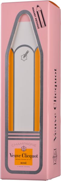Rosa Champagner-Verpackung mit silbernen Akzenten und Bleistiftmotiv.