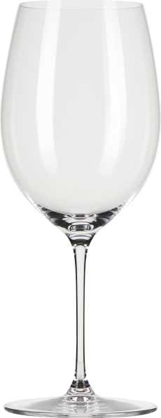 Elegantes Weinglas mit langem Stiel und großer, bauchiger Kelchform.