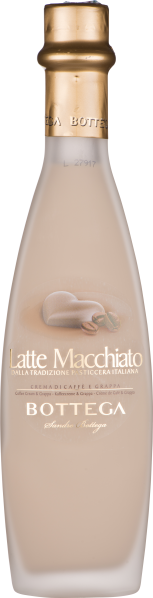 Cremig weiße Flasche, goldener Verschluss, elegantes Design mit Kaffeebohnenmotiv.