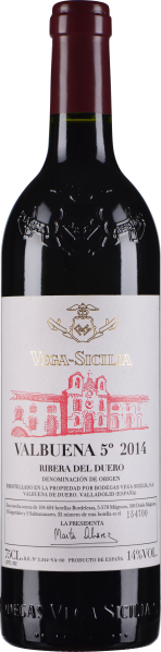 Dunkle Weinflasche mit eleganter, detailreicher Etikettengrafik und goldener Prägung.