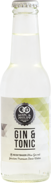 Klare Gin Tonic Flasche mit modernem Etikett und silbernem Verschluss.