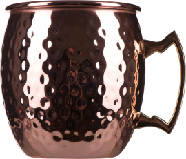 Kupferfarbener, gehämmerter Metallbecher mit Henkel und glänzender Oberfläche.