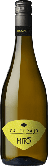 Grüngelbe Weinflasche mit schwarzem Hals und modernem Etikett.