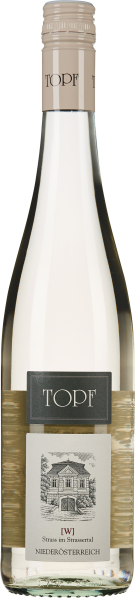 Klarer Weißwein in schlanker Flasche mit schlichtem Etikett und Schraubverschluss.