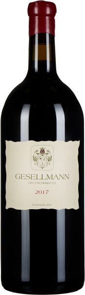 Dunkle Weinflasche mit rotem Siegel und hellem Etikett.