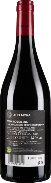 Flasche mit rotem Verschluss, schwarzes Etikett mit weißem Text.