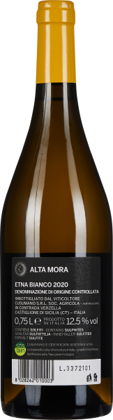 Klare Weißweinflasche mit gelbem Verschluss und schwarzem Etikett.